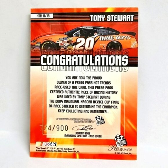 Nascar Tony Stewart Insert Trading Card Press Pass Hot Treads 2005 Race Tire - Picture 4 of 13